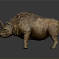Realistic Brown Rhinoceros 3D Model With Textured Skin And Single Horn On Gray Background