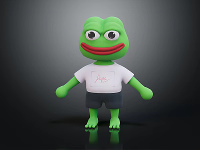 Green Frog Character Wearing White Tshirt With Red Aye And Black Shorts Standing Black Background 3d model