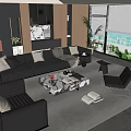 Modern Leather Sofa And Marble Coffee Table With Armchair Green Plant And Scenic Window View