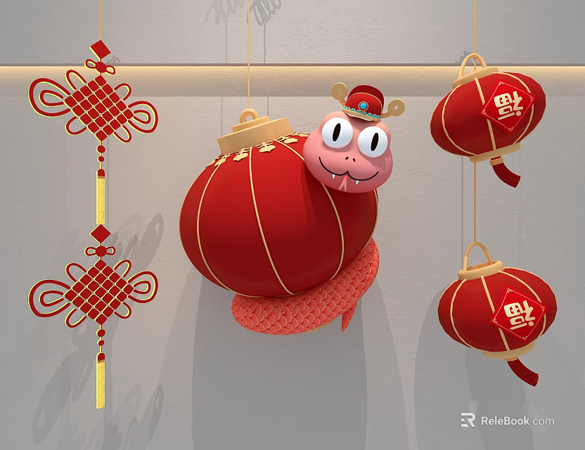 Red Lanterns with Golden Decorations Snake Shaped Doll Chinese Knot and Fu Character 3d model 