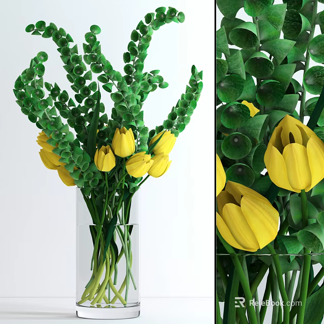 Beautiful Yellow Tulips With Green Leaves In Transparent Glass Vase 3d model 