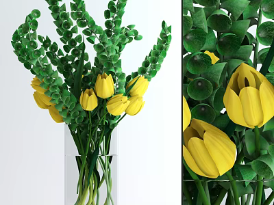 Beautiful Yellow Tulips With Green Leaves In Transparent Glass Vase 3d model