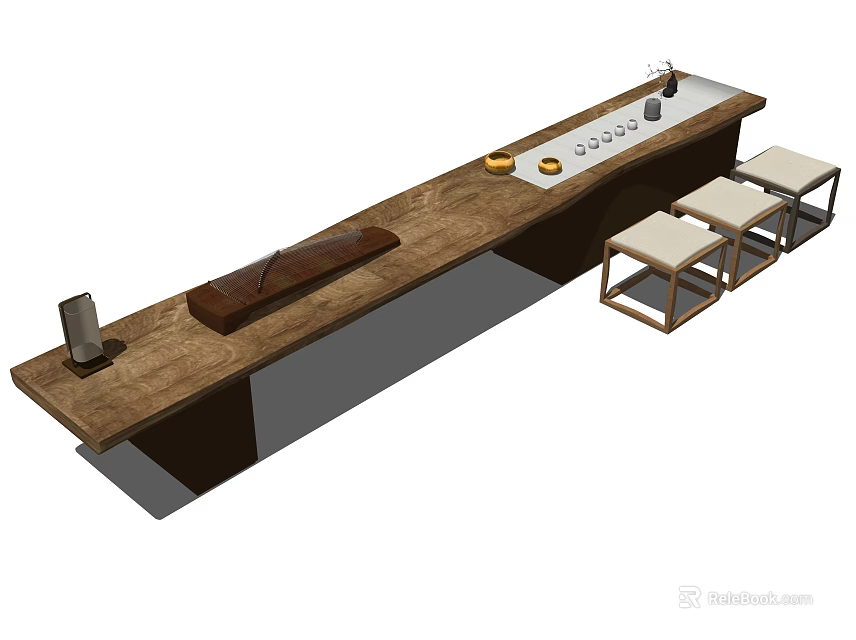 Long Wooden Tea Table With Light Colored Stools And Tea Accessories 3d model