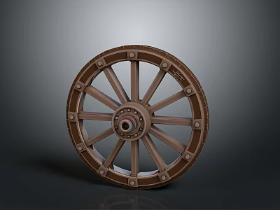 Car Wheel Component With Wooden Spoked Design Riveted Rim And Central Hub 3d model