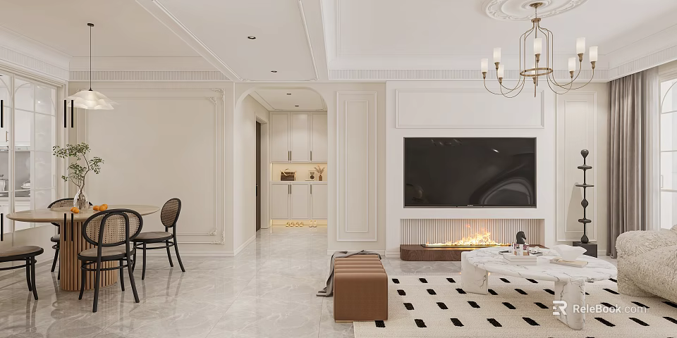 Modern Living And Dining Room Interior Design With Chandelier TV Wall And Dining Chairs 3d model 
