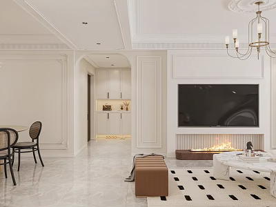 Modern Living And Dining Room Interior Design With Chandelier TV Wall And Dining Chairs 3d model
