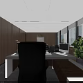 Modern Office Interior Design With Large Windows Wooden Cabinets Black Leather Sofas And Green Plants