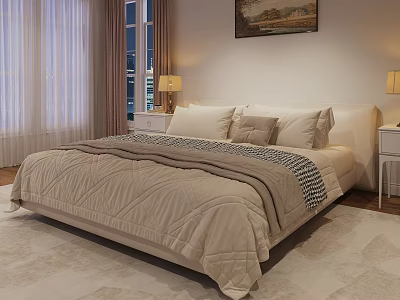 Modern Beige Upholstered Double Bed With Soft Bedding In Warm Cozy Bedroom Interior Space 3d model