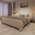 Modern Beige Upholstered Double Bed With Soft Bedding In Warm Cozy Bedroom Interior Space