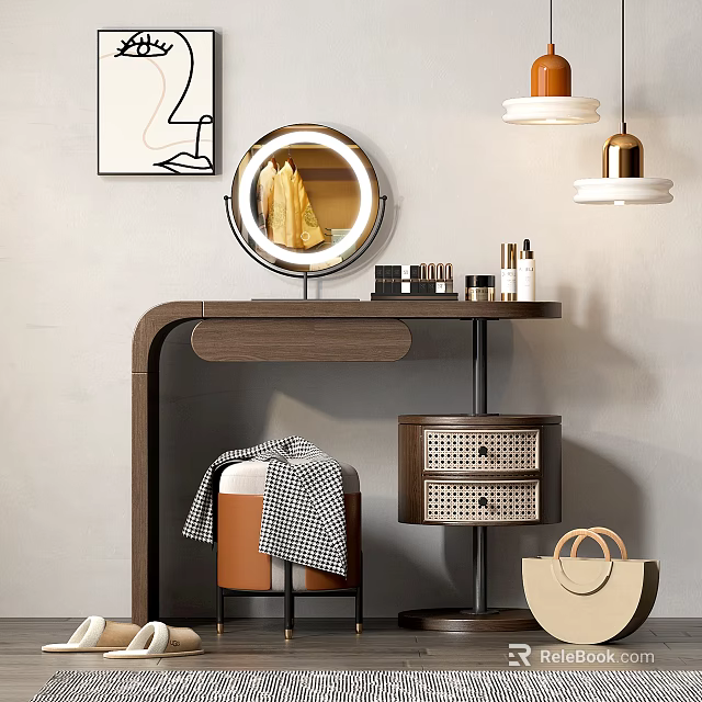 Sleek Modern Vanity Table Interior With Lighted Mirror Beauty Products And Woven Storage Drawers 3d model 