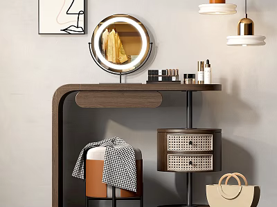 Sleek Modern Vanity Table Interior With Lighted Mirror Beauty Products And Woven Storage Drawers 3d model
