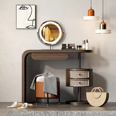Sleek Modern Vanity Table Interior With Lighted Mirror Beauty Products And Woven Storage Drawers 3d model