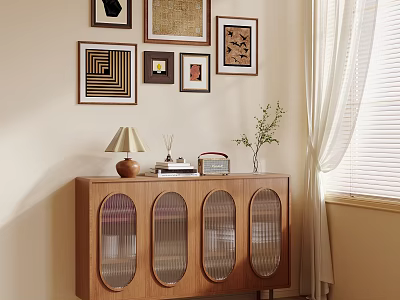 Wooden Sideboard With Glass Doors Top Lamp Vase Books Decorative Wall Art Near Window Curtain 3d model