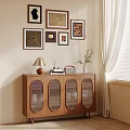 Wooden Sideboard With Glass Doors Top Lamp Vase Books Decorative Wall Art Near Window Curtain