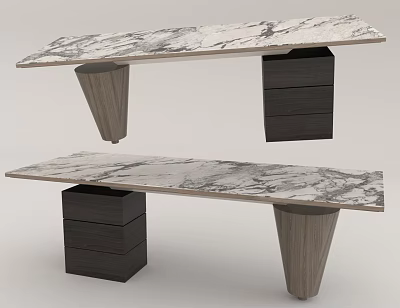 Elegant Office Desk With Smooth Marble Top And Tapered Dark Wooden Bases 3d model