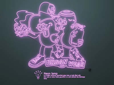 Pink Neon Lamp With Cartoon Characters And Urban Wear Text For Room Decoration 3d model