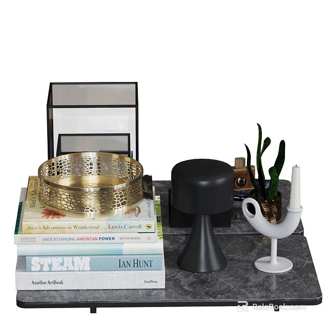 Decorative Ornament Set With Golden Hollow Bowl Black Base White Vase And Green Plant 3d model 