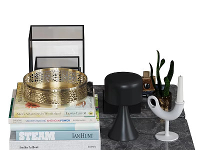 Decorative Ornament Set With Golden Hollow Bowl Black Base White Vase And Green Plant 3d model