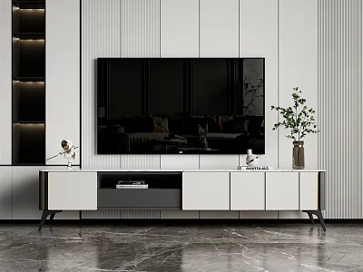Modern Minimalist TV Stand With White Cabinetry Black Legs Green Plant And Marble Floor 3d model