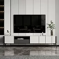 Modern Minimalist TV Stand With White Cabinetry Black Legs Green Plant And Marble Floor