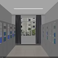 Neat Storage Corridor Featuring White Lockers Blue Pink Folders Dark Door Notice Board Green Plant