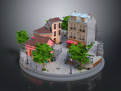 Cartoon Village Scene With Colorful Rooftops Trees Stone Path Stairs And Red Awnings 3d model