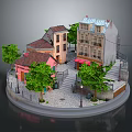 Cartoon Village Scene With Colorful Rooftops Trees Stone Path Stairs And Red Awnings