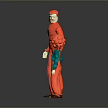 Tall Character In Orange Jumpsuit Holding Little Girl With Red Hair And Green Top