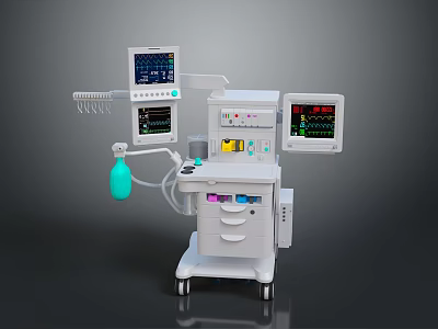 Medical Anesthesia Monitoring Equipment With Multiple Displays Control Panel Green Breathing Bag And Mobile Cart 3d model