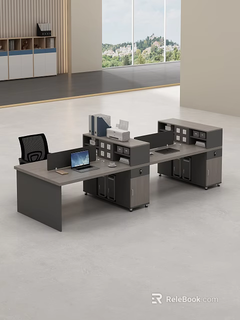 Modern Office Desk With Partition Laptop Office Chair And Storage Cabinets 3d model 