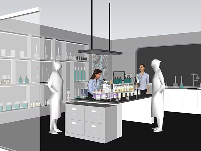 Modern Laboratory Interior Design With Workbench Shelves Reagent Bottles Lab Equipment And Researchers 3d model