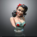 3D Female Bust Sculpture With Black Curly Hair Red Bow And Blue Top