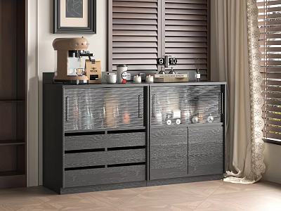 Modern Dark Sideboard With Glass Doors Drawers And Coffee Machine On Top Near Wooden Shutters 3d model