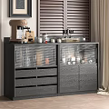 Modern Dark Sideboard With Glass Doors Drawers And Coffee Machine On Top Near Wooden Shutters