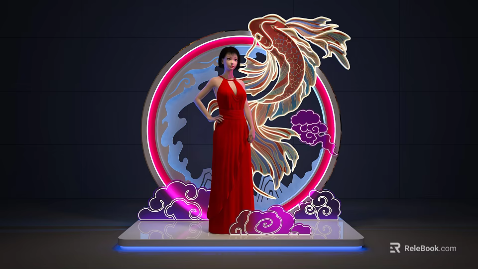 Traditional Chinese Style Photo Spot With Circular Neon Koi Fish And Purple Cloud Decorations 3d model 