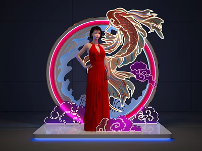 Traditional Chinese Style Photo Spot With Circular Neon Koi Fish And Purple Cloud Decorations 3d model