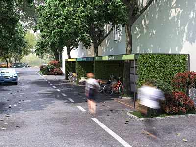 Green Urban Parking Lot With Hedge Walls Bicycle Parking Trees And Pedestrians In Street Setting 3d model