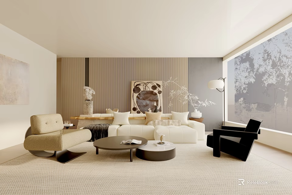 Modern Elegant Living Room Interior With Beige Sofa Black Chair And Round Coffee Tables 3d model 