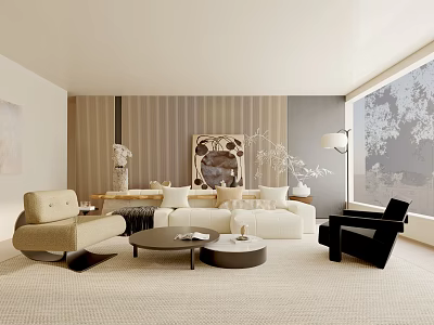 Modern Elegant Living Room Interior With Beige Sofa Black Chair And Round Coffee Tables 3d model