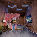 Hotel Room With Unique Textured Walls Red Canopy Bed Mountain View And Blue Lights