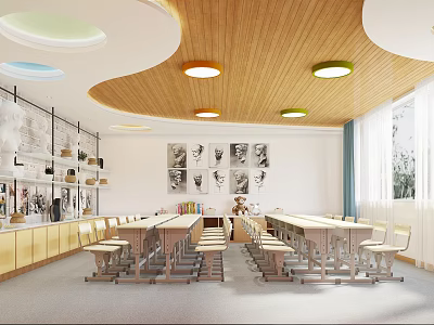 Modern School Art Classroom With Colorful Ceiling Lights 3d model