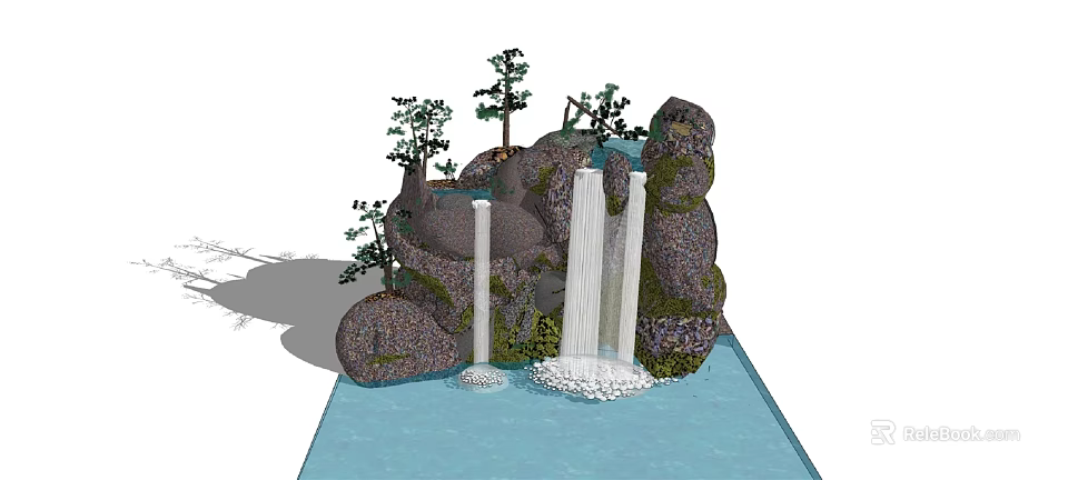 Decorative Garden Ornament With Rockery Waterfall Small Trees And Water Feature 3d model 