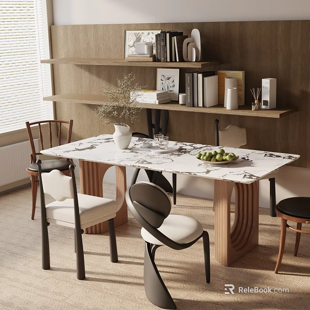 Modern Dining Table Set With Mixed Design Chairs Green Fruits And Decorative Shelves 3d model 