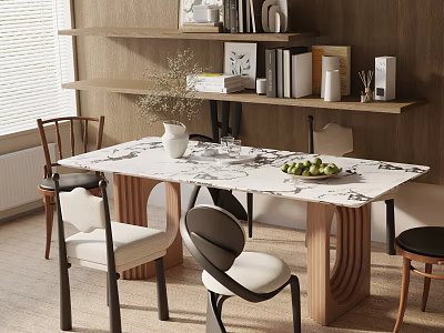 Modern Dining Table Set With Mixed Design Chairs Green Fruits And Decorative Shelves 3d model