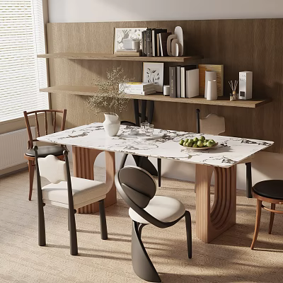 Modern Dining Table Set With Mixed Design Chairs Green Fruits And Decorative Shelves 3d model