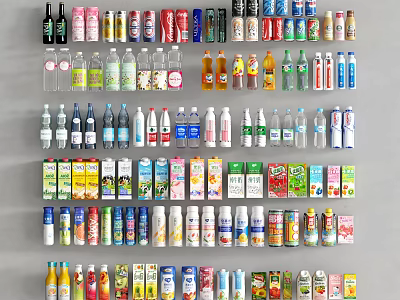 Wide Variety of Assorted Beverages in Bottles and Cans with Different Flavors 3d model