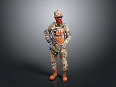 Female Soldier In Camouflage Uniform Wearing Helmet Red Mask Holding Rifle 3d model