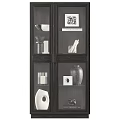 Modern Dark Wood Display Cabinet With Glass Doors Holding Vases Candles And Books