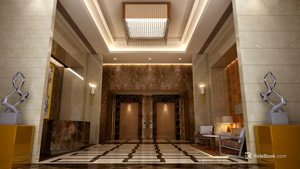 Luxurious Elevator Lobby Featuring Marble Walls Chandelier Two Elevator Doors and Patterned Floor Tiles 3d model