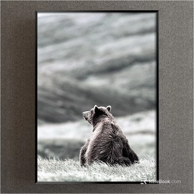 Animal Painting of a Bear Sitting on Grassland with Mountain Background Black and White Style 3d model 